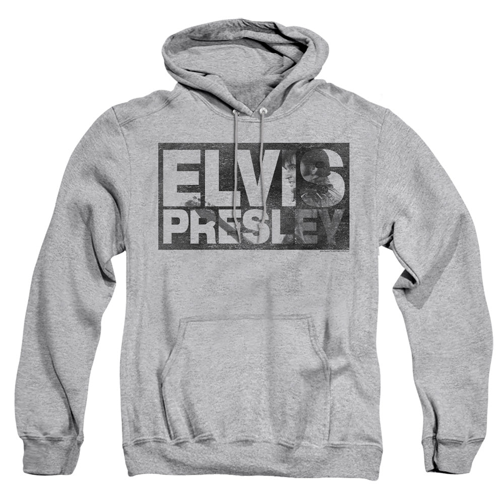 AN OFFCIALLY LICENSED ELVIS PRESLEY BLOCK LETTERS ADULT UNISEX PULLOVER HOODIE ATHLETIC HEATHER
