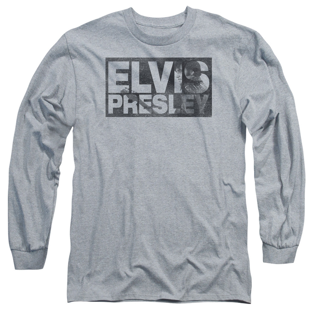 AN OFFCIALLY LICENSED ELVIS PRESLEY BLOCK LETTERS MEN'S LONG SLEEVE T-SHIRT ATHLETIC HEATHER
