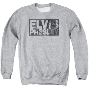 AN OFFCIALLY LICENSED ELVIS PRESLEY BLOCK LETTERS ADULT UNISEX CREWNECK SWEATSHIRT ATHLETIC HEATHER