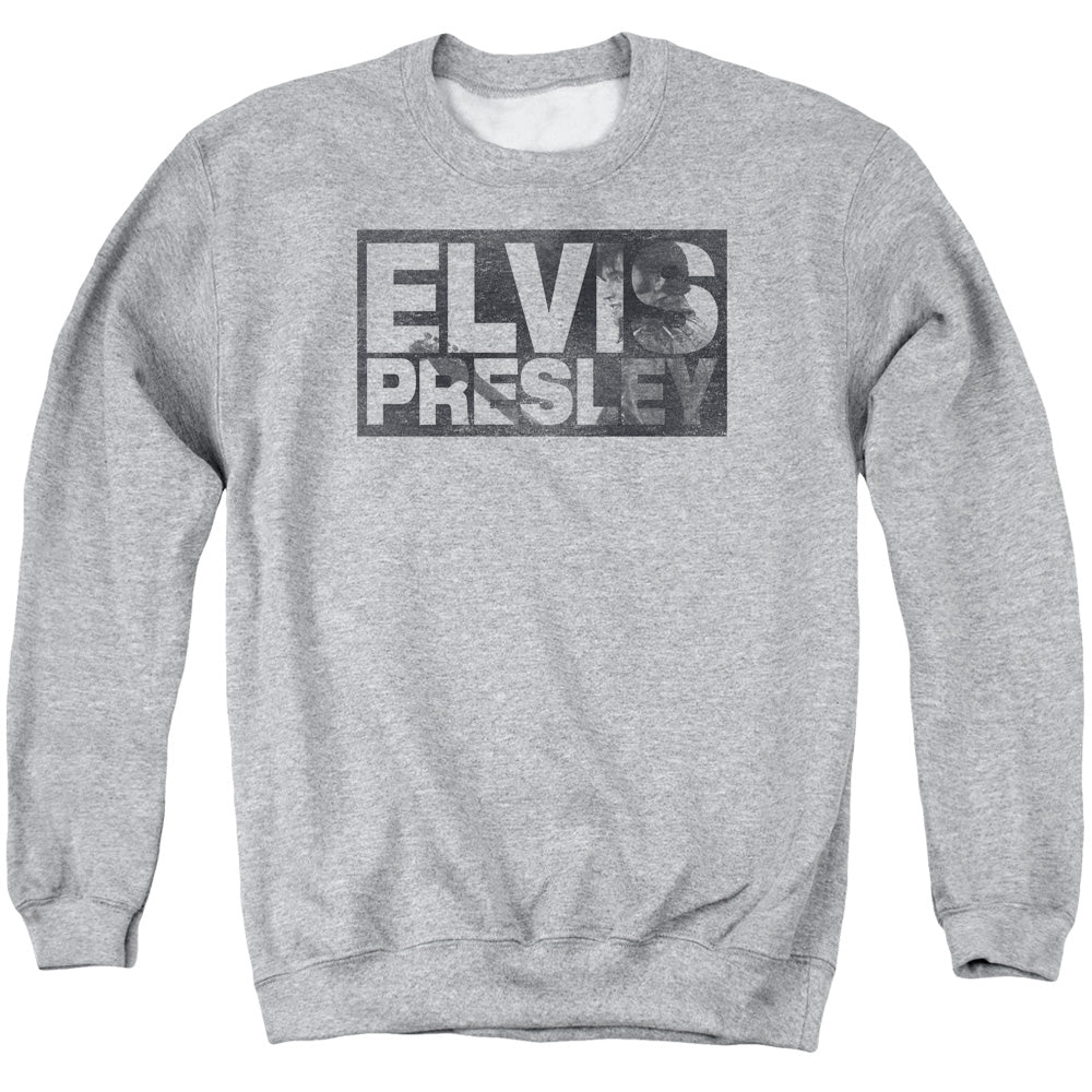 AN OFFCIALLY LICENSED ELVIS PRESLEY BLOCK LETTERS ADULT UNISEX CREWNECK SWEATSHIRT ATHLETIC HEATHER