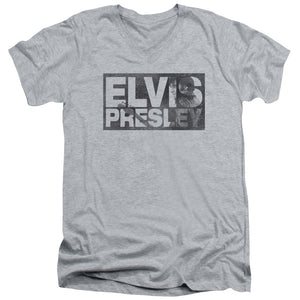 AN OFFCIALLY LICENSED ELVIS PRESLEY BLOCK LETTERS MEN'S V-NECK T-SHIRT ATHLETIC HEATHER