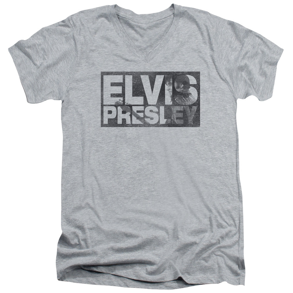 AN OFFCIALLY LICENSED ELVIS PRESLEY BLOCK LETTERS MEN'S V-NECK T-SHIRT ATHLETIC HEATHER