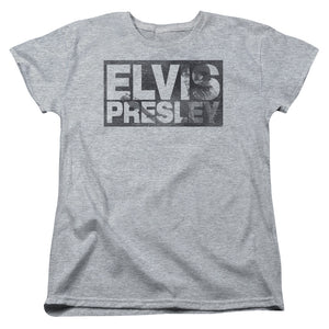 AN OFFCIALLY LICENSED ELVIS PRESLEY BLOCK LETTERS WOMEN'S REGULAR FIT T-SHIRT ATHLETIC HEATHER
