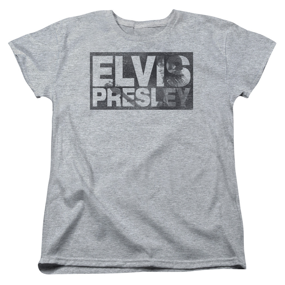 AN OFFCIALLY LICENSED ELVIS PRESLEY BLOCK LETTERS WOMEN'S REGULAR FIT T-SHIRT ATHLETIC HEATHER