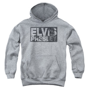 AN OFFCIALLY LICENSED ELVIS PRESLEY BLOCK LETTERS YOUTH HOODIE ATHLETIC HEATHER