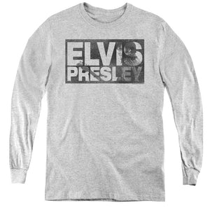 AN OFFCIALLY LICENSED ELVIS PRESLEY BLOCK LETTERS YOUTH LONG SLEEVE T-SHIRT ATHLETIC HEATHER