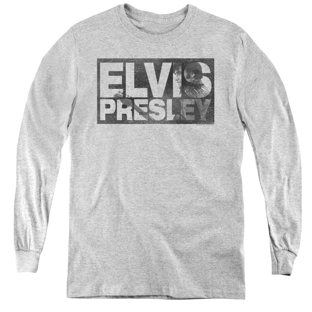 AN OFFCIALLY LICENSED ELVIS PRESLEY BLOCK LETTERS YOUTH LONG SLEEVE T-SHIRT ATHLETIC HEATHER
