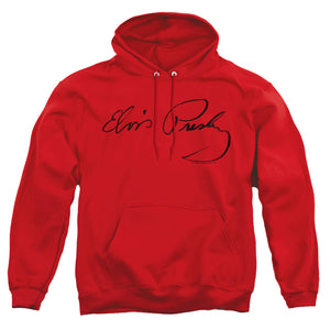 AN OFFCIALLY LICENSED ELVIS PRESLEY SIGNATURE SKETCH ADULT UNISEX PULLOVER HOODIE RED