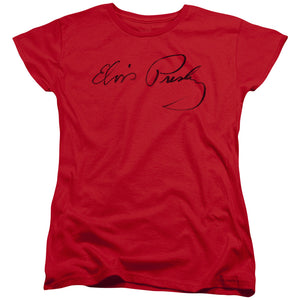 AN OFFCIALLY LICENSED ELVIS PRESLEY SIGNATURE SKETCH WOMEN'S REGULAR FIT T-SHIRT RED