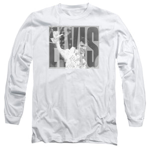 AN OFFCIALLY LICENSED ELVIS PRESLEY ALOHA GRAY MEN'S LONG SLEEVE T-SHIRT WHITE