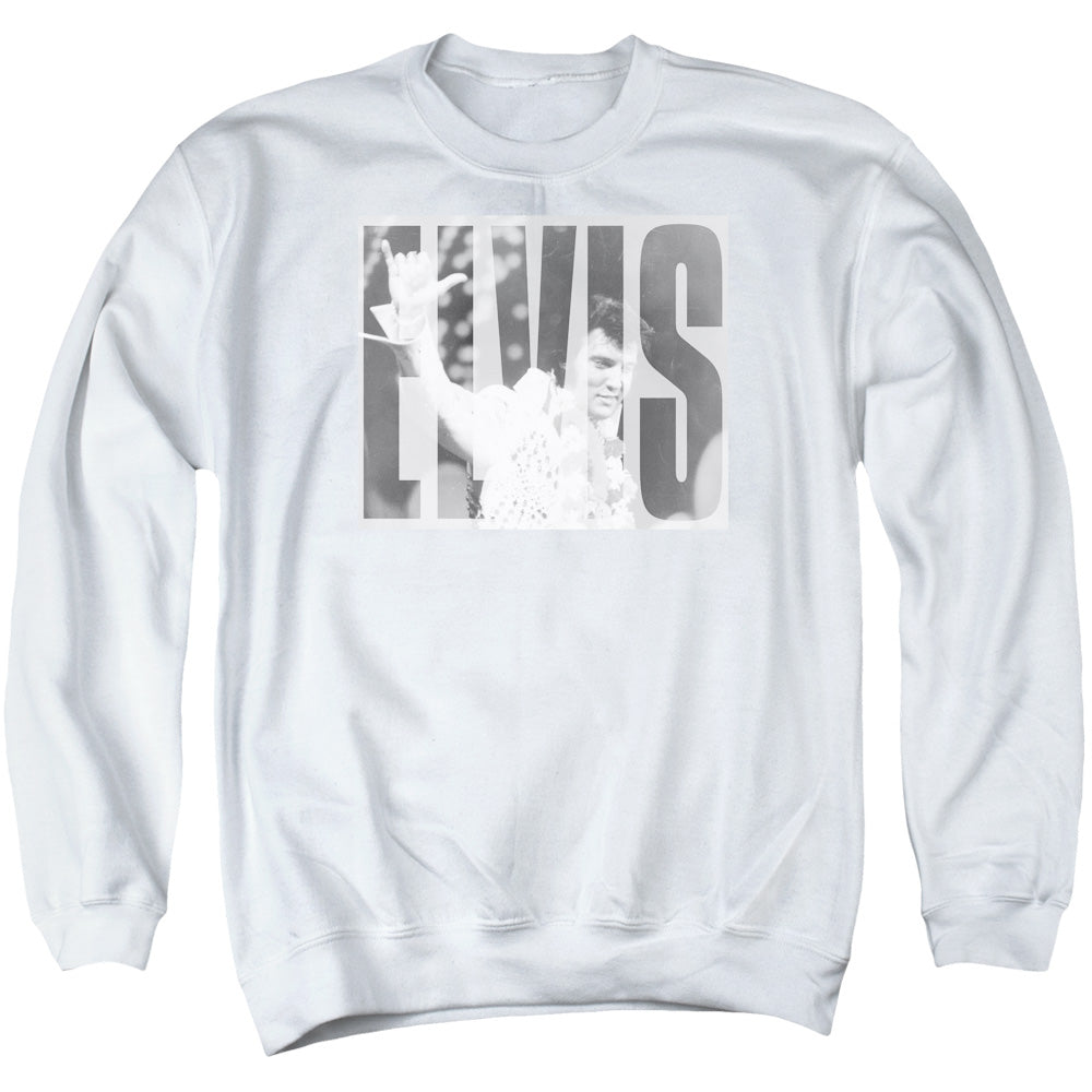 AN OFFCIALLY LICENSED ELVIS PRESLEY ALOHA GRAY ADULT UNISEX CREWNECK SWEATSHIRT WHITE
