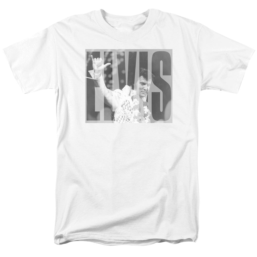 AN OFFCIALLY LICENSED ELVIS PRESLEY ALOHA GRAY MEN'S REGULAR FIT T-SHIRT WHITE