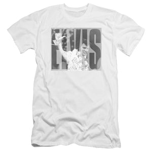 AN OFFCIALLY LICENSED ELVIS PRESLEY ALOHA GRAY MEN'S PREMIUM SLIM FIT T-SHIRT WHITE
