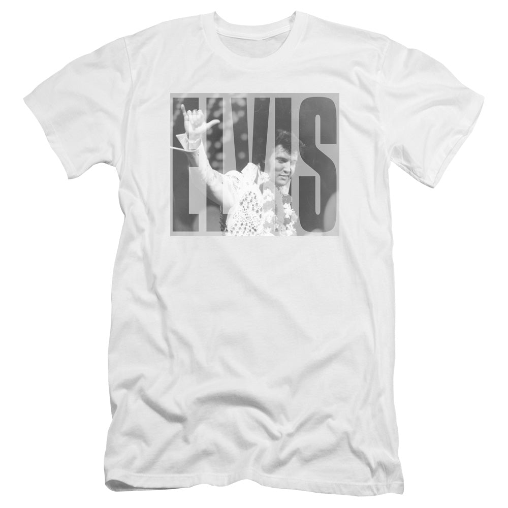 AN OFFCIALLY LICENSED ELVIS PRESLEY ALOHA GRAY MEN'S PREMIUM SLIM FIT T-SHIRT WHITE
