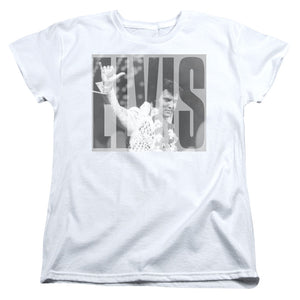 AN OFFCIALLY LICENSED ELVIS PRESLEY ALOHA GRAY WOMEN'S REGULAR FIT T-SHIRT WHITE
