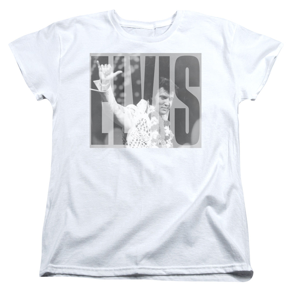 AN OFFCIALLY LICENSED ELVIS PRESLEY ALOHA GRAY WOMEN'S REGULAR FIT T-SHIRT WHITE