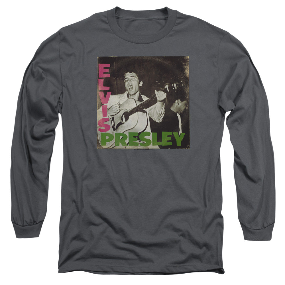 AN OFFCIALLY LICENSED ELVIS PRESLEY FIRST LP MEN'S LONG SLEEVE T-SHIRT CHARCOAL
