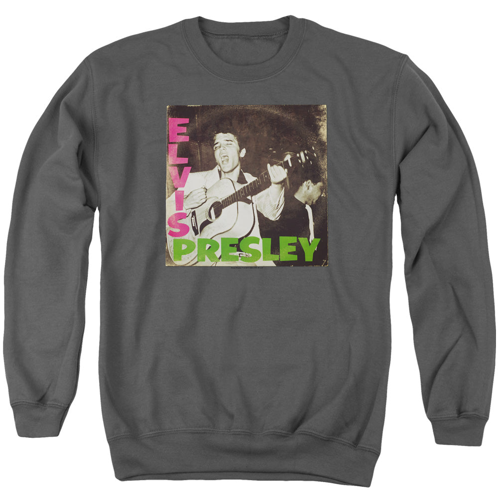 AN OFFCIALLY LICENSED ELVIS PRESLEY FIRST LP ADULT UNISEX CREWNECK SWEATSHIRT CHARCOAL