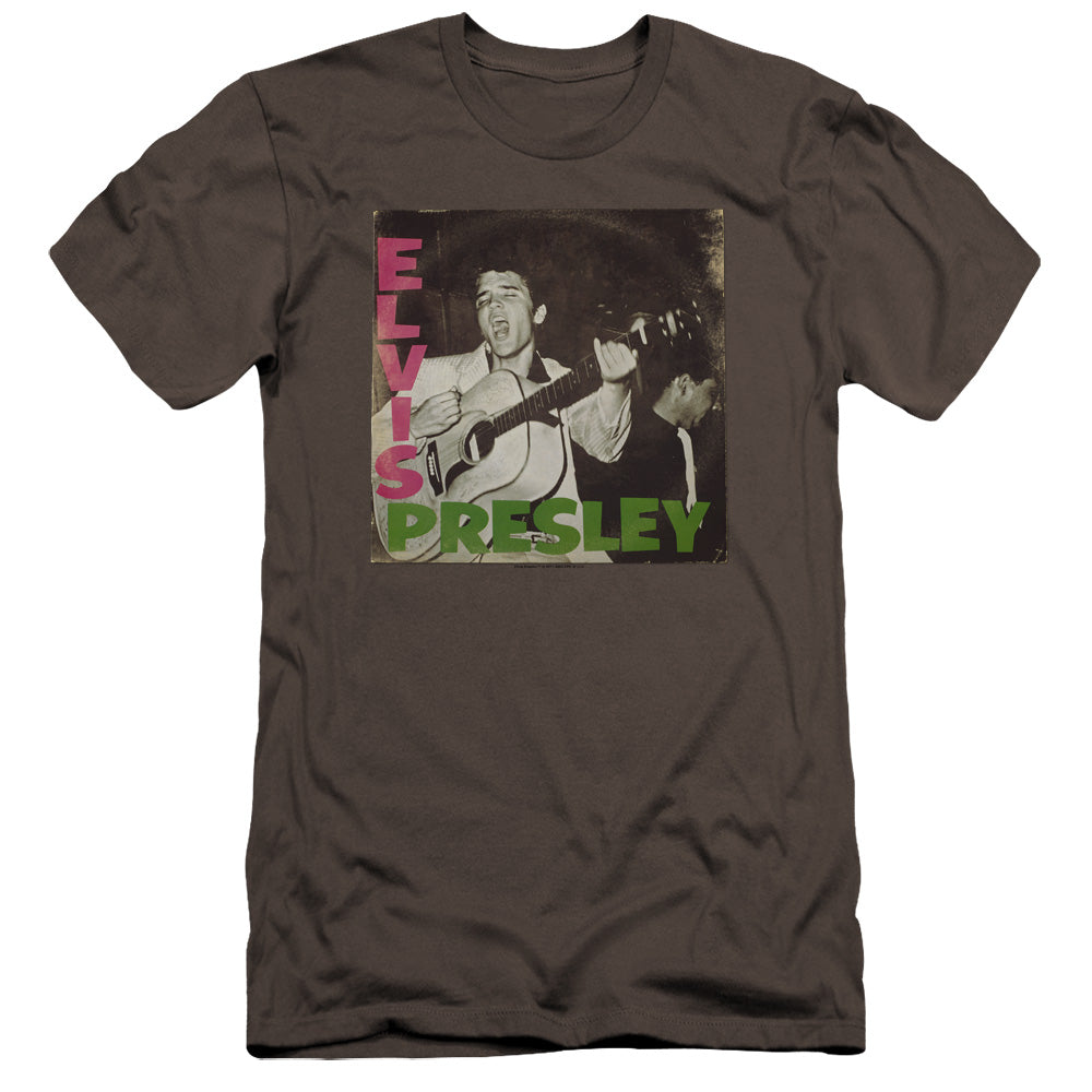 AN OFFCIALLY LICENSED ELVIS PRESLEY FIRST LP MEN'S PREMIUM SLIM FIT T-SHIRT CHARCOAL