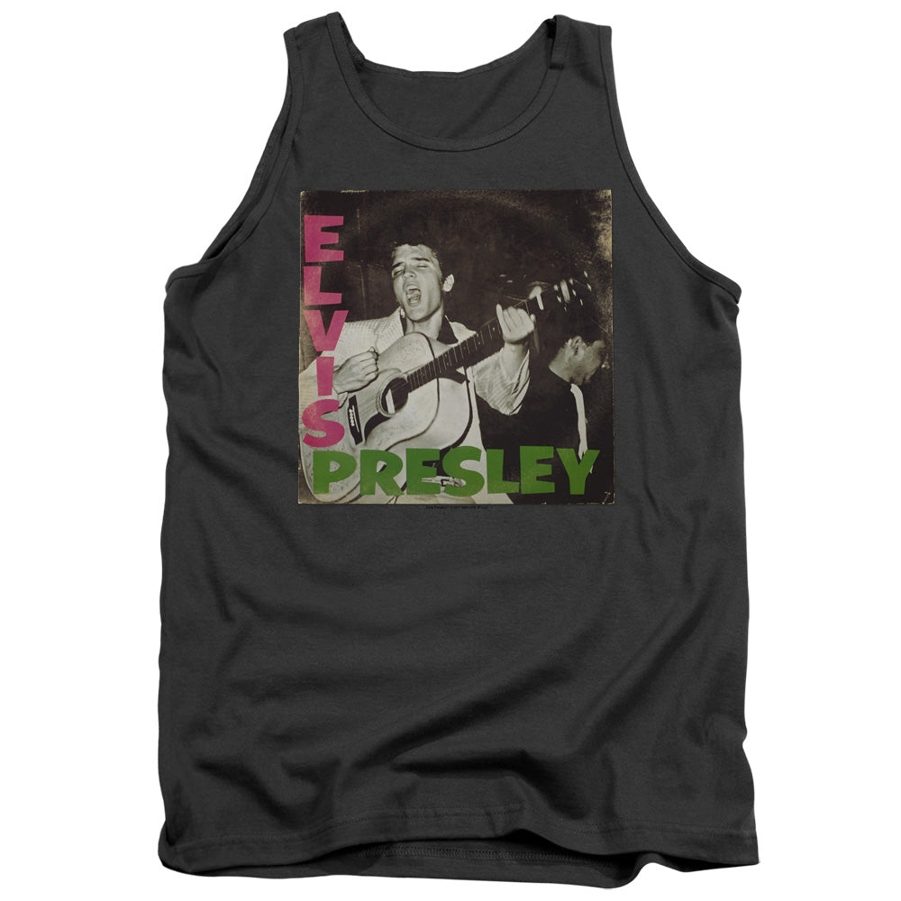 AN OFFCIALLY LICENSED ELVIS PRESLEY FIRST LP ADULT UNISEX TANK TOP CHARCOAL