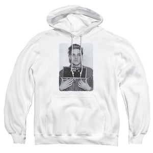 AN OFFCIALLY LICENSED ELVIS PRESLEY ARMY MUG SHOT ADULT UNISEX PULLOVER HOODIE WHITE
