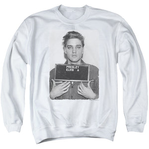 AN OFFCIALLY LICENSED ELVIS PRESLEY ARMY MUG SHOT ADULT UNISEX CREWNECK SWEATSHIRT WHITE