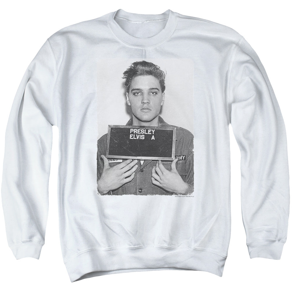 AN OFFCIALLY LICENSED ELVIS PRESLEY ARMY MUG SHOT ADULT UNISEX CREWNECK SWEATSHIRT WHITE