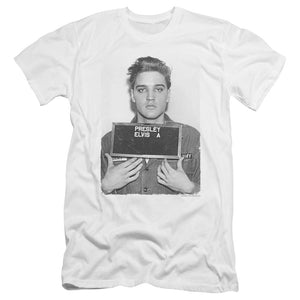 AN OFFCIALLY LICENSED ELVIS PRESLEY ARMY MUG SHOT MEN'S PREMIUM SLIM FIT T-SHIRT WHITE