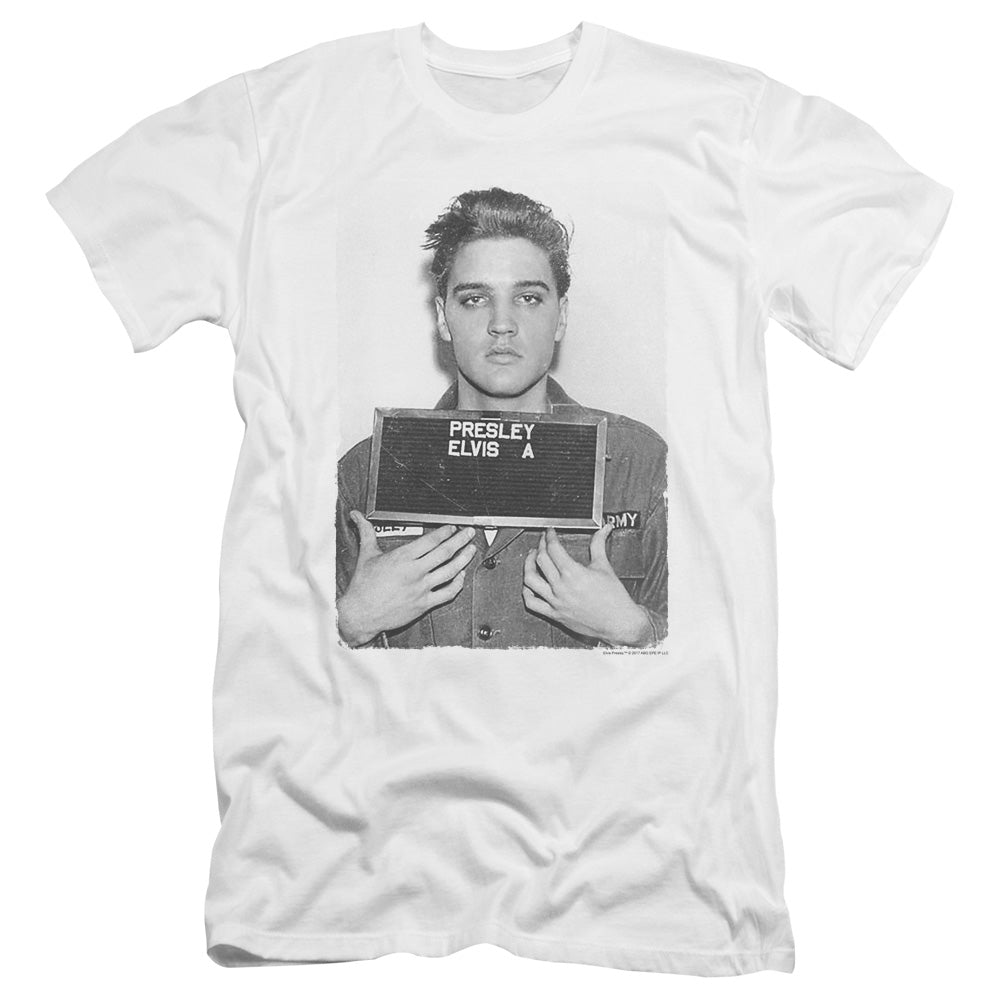AN OFFCIALLY LICENSED ELVIS PRESLEY ARMY MUG SHOT MEN'S PREMIUM SLIM FIT T-SHIRT WHITE