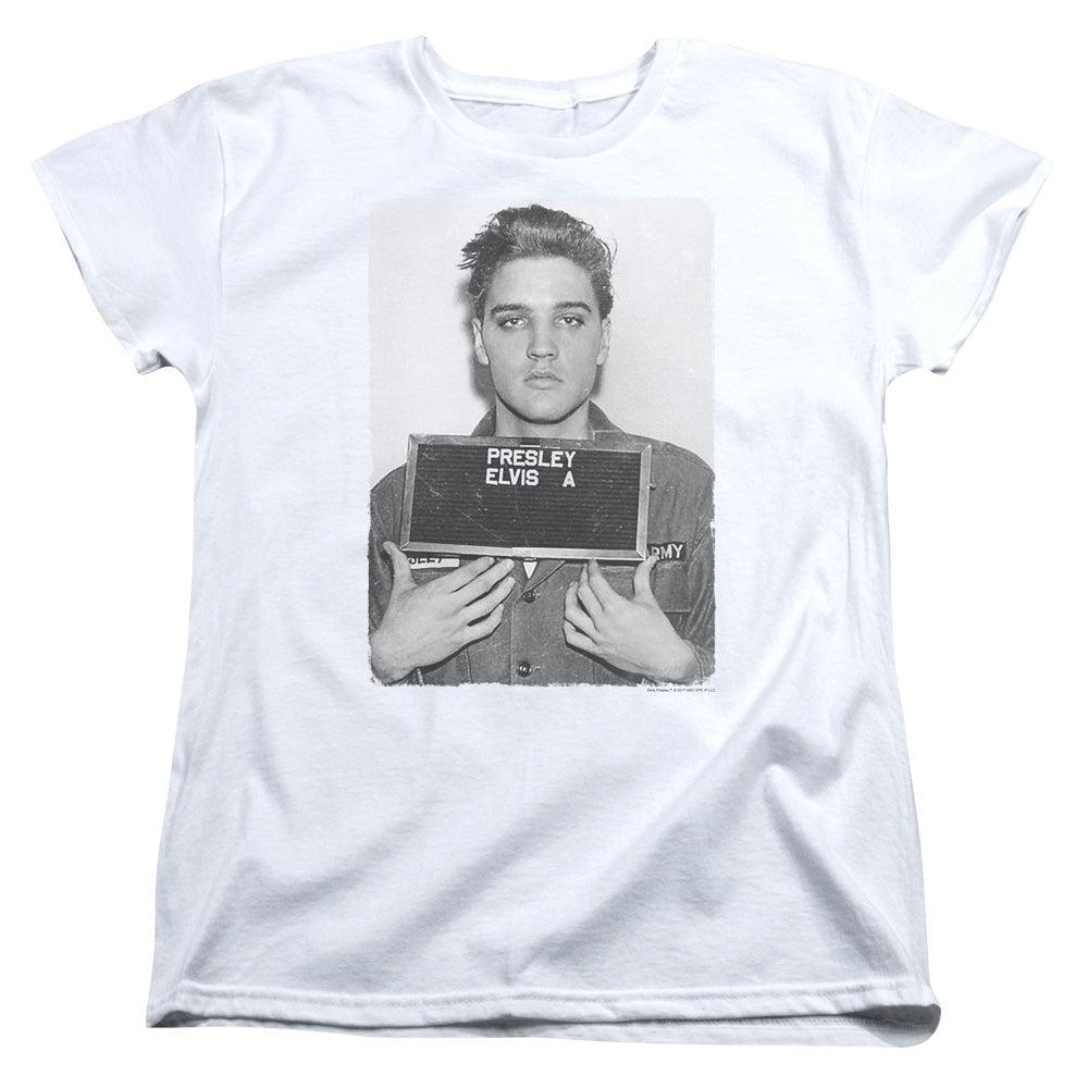 AN OFFCIALLY LICENSED ELVIS PRESLEY ARMY MUG SHOT WOMEN'S REGULAR FIT T-SHIRT WHITE