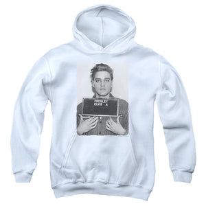 AN OFFCIALLY LICENSED ELVIS PRESLEY ARMY MUG SHOT YOUTH HOODIE WHITE