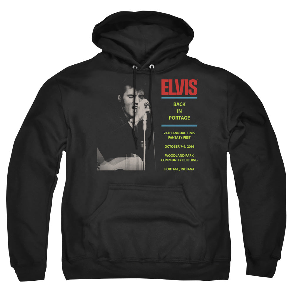AN OFFCIALLY LICENSED ELVIS PRESLEY BACK IN PORTAGE ADULT UNISEX PULLOVER HOODIE BLACK