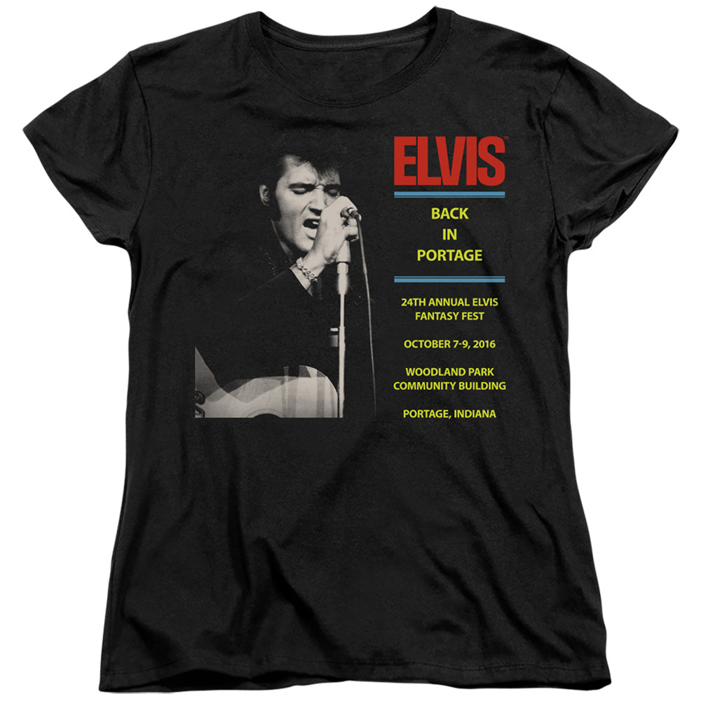 AN OFFCIALLY LICENSED ELVIS PRESLEY BACK IN PORTAGE WOMEN'S REGULAR FIT T-SHIRT BLACK
