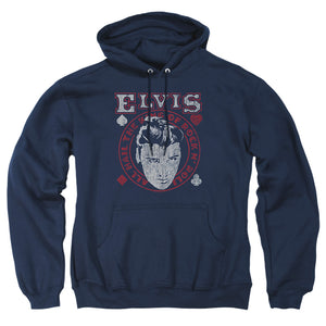 AN OFFCIALLY LICENSED ELVIS PRESLEY HAIL THE KING ADULT UNISEX PULLOVER HOODIE NAVY