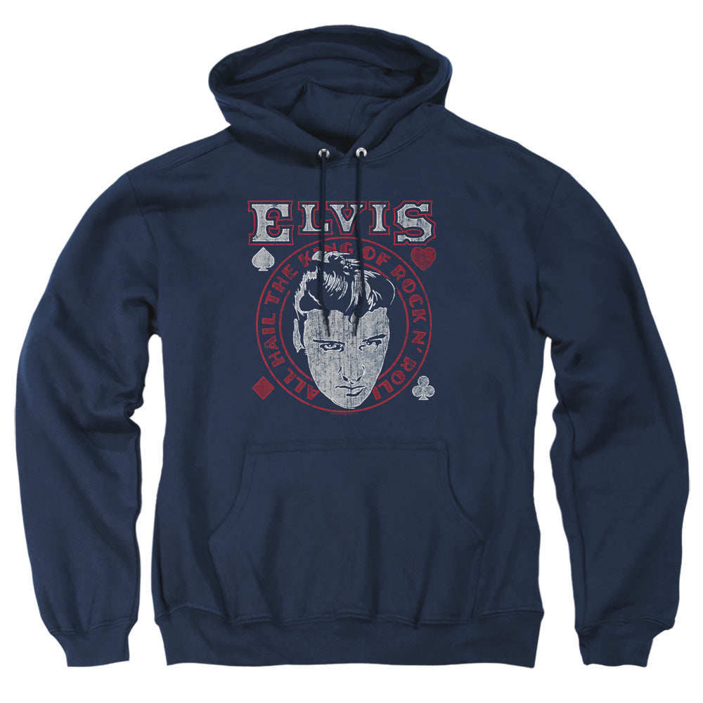 AN OFFCIALLY LICENSED ELVIS PRESLEY HAIL THE KING ADULT UNISEX PULLOVER HOODIE NAVY