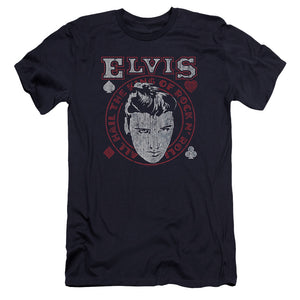 AN OFFCIALLY LICENSED ELVIS PRESLEY HAIL THE KING MEN'S PREMIUM SLIM FIT T-SHIRT NAVY