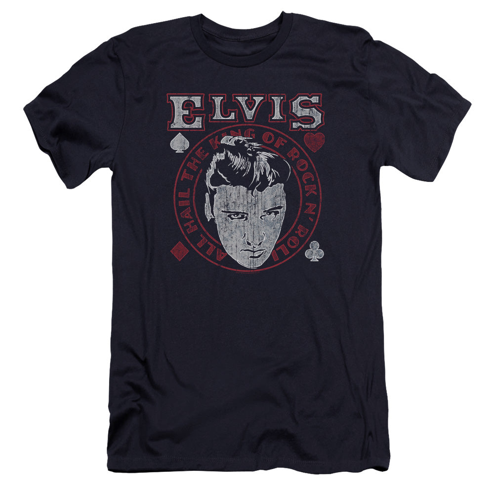 AN OFFCIALLY LICENSED ELVIS PRESLEY HAIL THE KING MEN'S PREMIUM SLIM FIT T-SHIRT NAVY