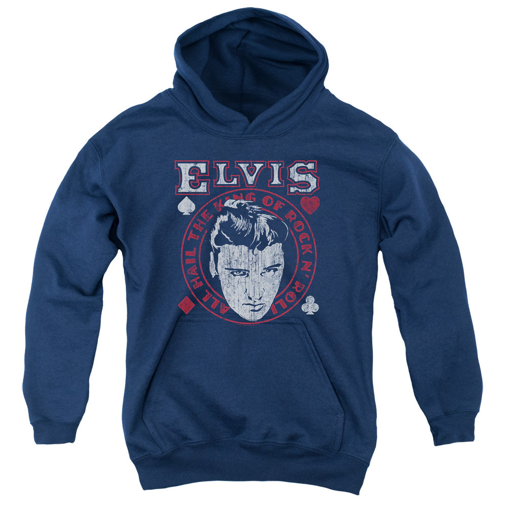 AN OFFCIALLY LICENSED ELVIS PRESLEY HAIL THE KING YOUTH HOODIE NAVY