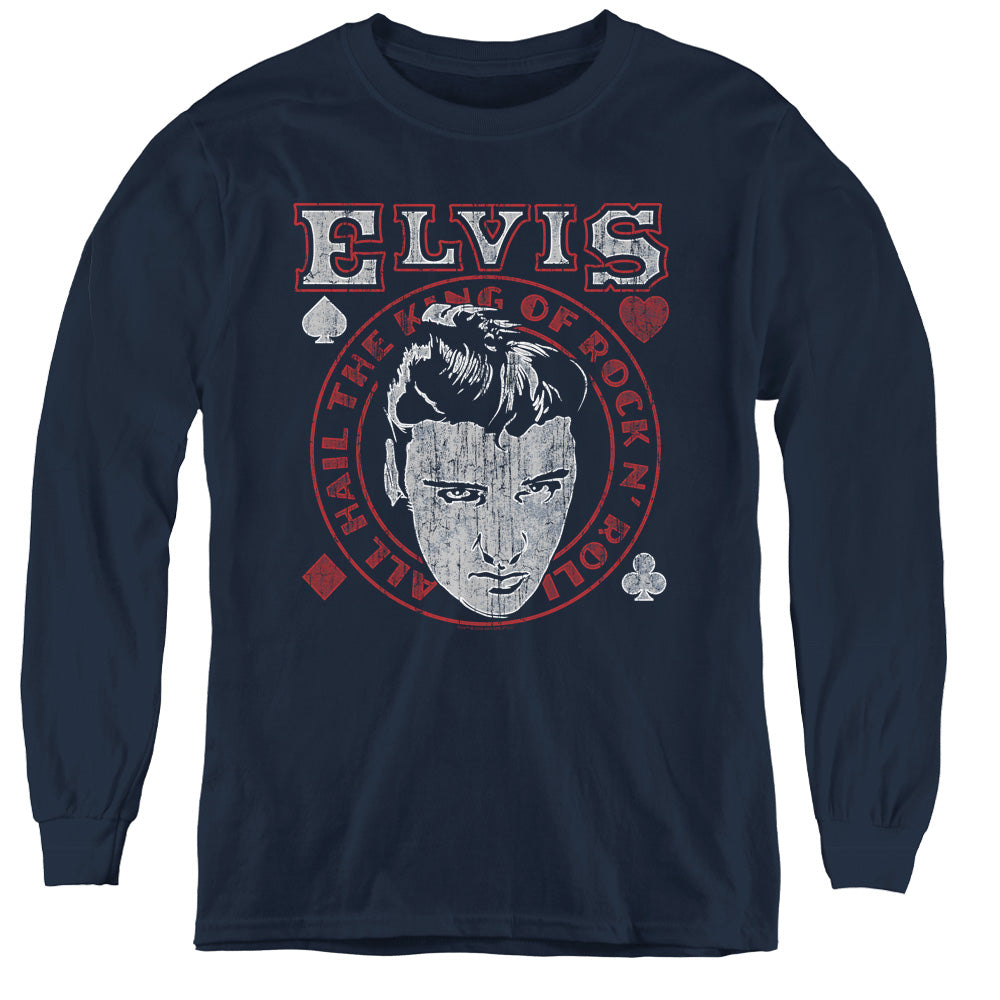 AN OFFCIALLY LICENSED ELVIS PRESLEY HAIL THE KING YOUTH LONG SLEEVE T-SHIRT NAVY