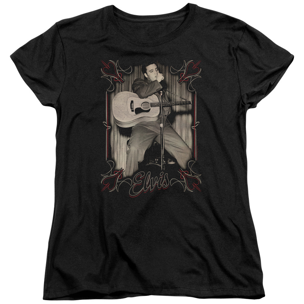 AN OFFCIALLY LICENSED ELVIS PRESLEY ELVIS PINSTRIPES WOMEN'S REGULAR FIT T-SHIRT BLACK
