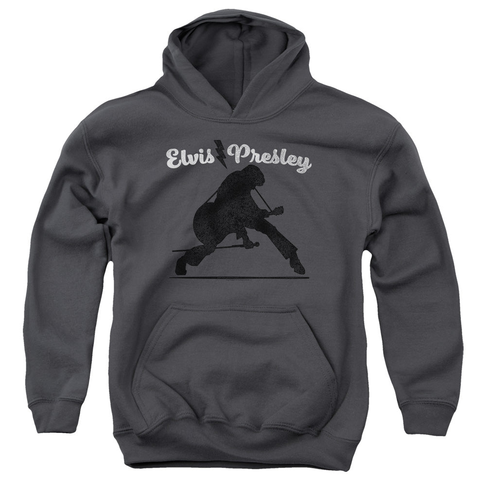 AN OFFCIALLY LICENSED ELVIS PRESLEY OVERPRINT YOUTH HOODIE CHARCOAL