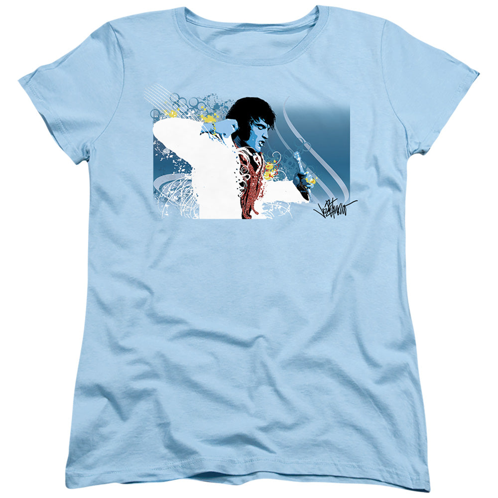 AN OFFCIALLY LICENSED ELVIS PRESLEY VEGAS ROCK ME WOMEN'S REGULAR FIT T-SHIRT LIGHT BLUE
