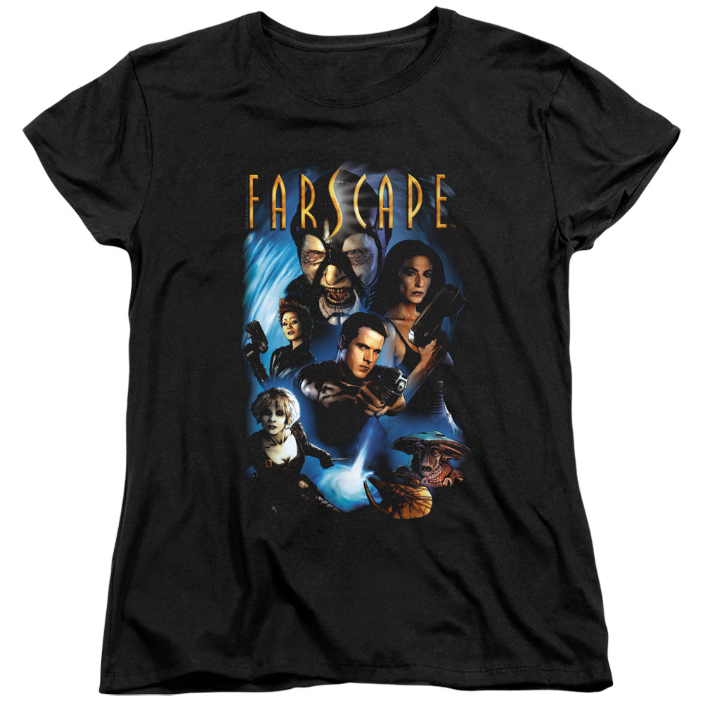 AN OFFCIALLY LICENSED FARSCAPE COMIC COVER WOMEN'S REGULAR FIT T-SHIRT BLACK