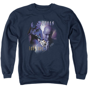 AN OFFCIALLY LICENSED FARSCAPE ZHAAN ADULT UNISEX CREWNECK SWEATSHIRT NAVY