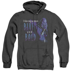 AN OFFCIALLY LICENSED FARSCAPE BLUE AND BALD ADULT UNISEX HEATHER PULLOVER HOODIE BLACK