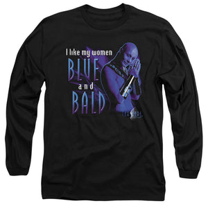 AN OFFCIALLY LICENSED FARSCAPE BLUE AND BALD MEN'S LONG SLEEVE T-SHIRT BLACK