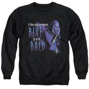 AN OFFCIALLY LICENSED FARSCAPE BLUE AND BALD ADULT UNISEX CREWNECK SWEATSHIRT BLACK