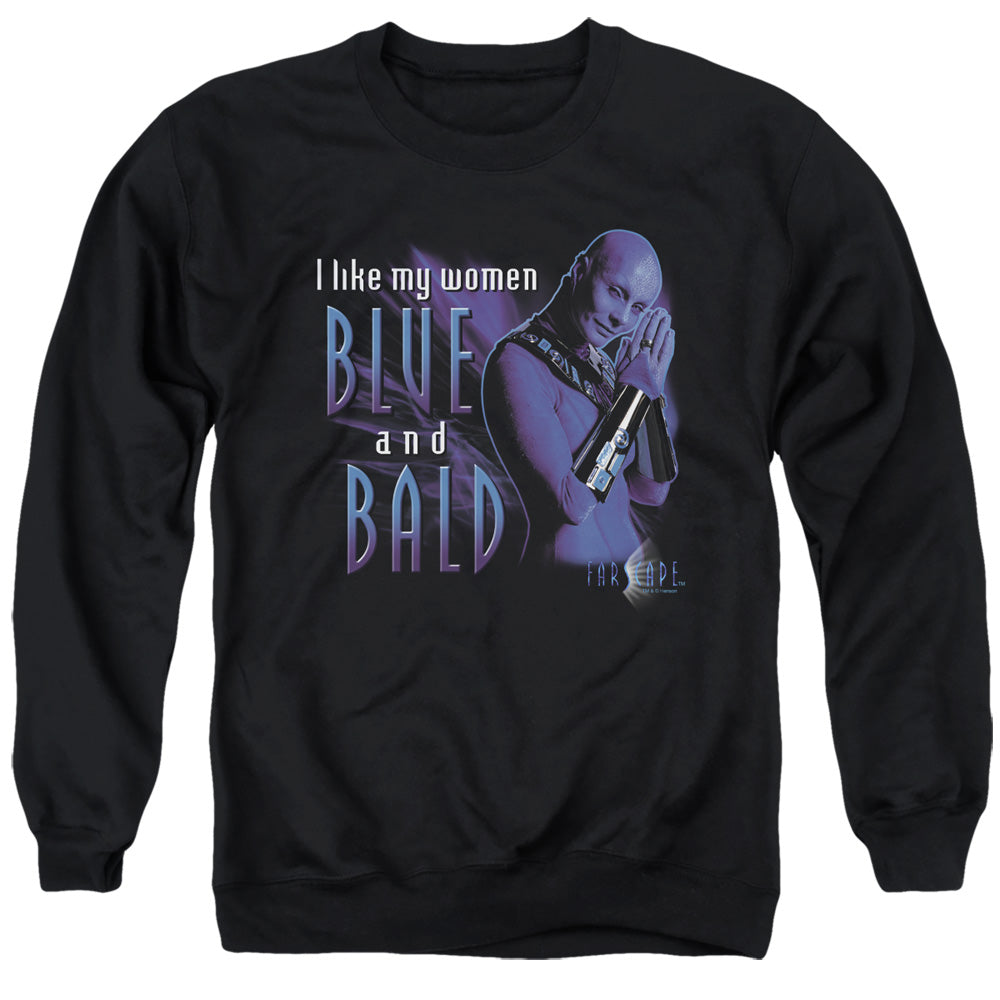AN OFFCIALLY LICENSED FARSCAPE BLUE AND BALD ADULT UNISEX CREWNECK SWEATSHIRT BLACK