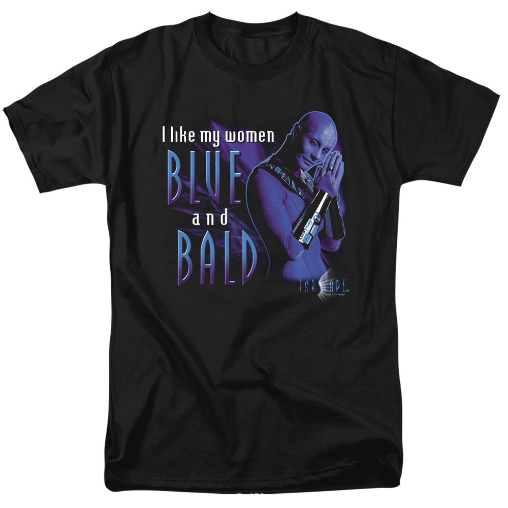 AN OFFCIALLY LICENSED FARSCAPE BLUE AND BALD MEN'S REGULAR FIT T-SHIRT BLACK