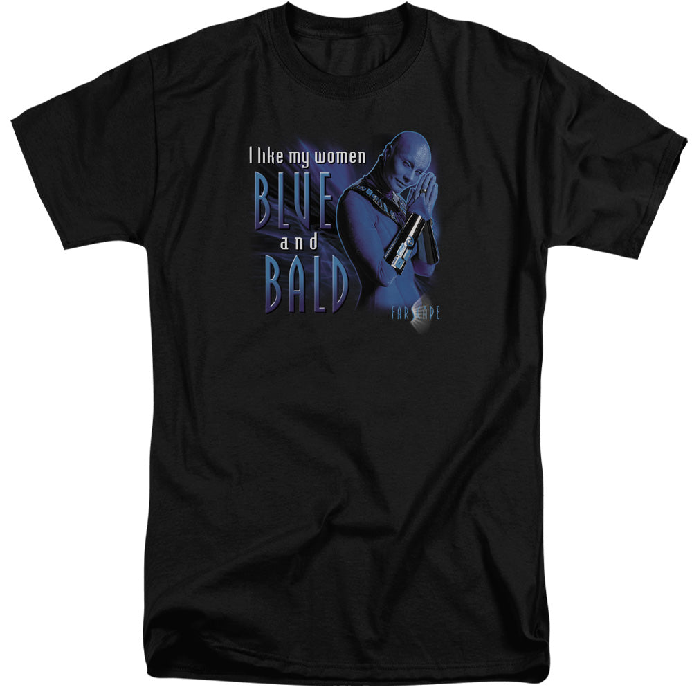 AN OFFCIALLY LICENSED FARSCAPE BLUE AND BALD MEN'S TALL FIT T-SHIRT BLACK